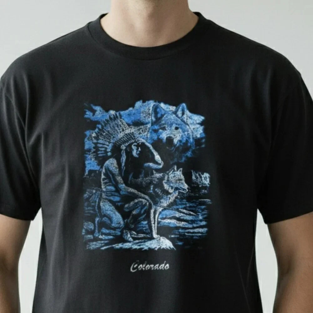 Vintage 1990’s Wolf Native American Indian Hunter Colorado Jerzees Tee Shirt XL
