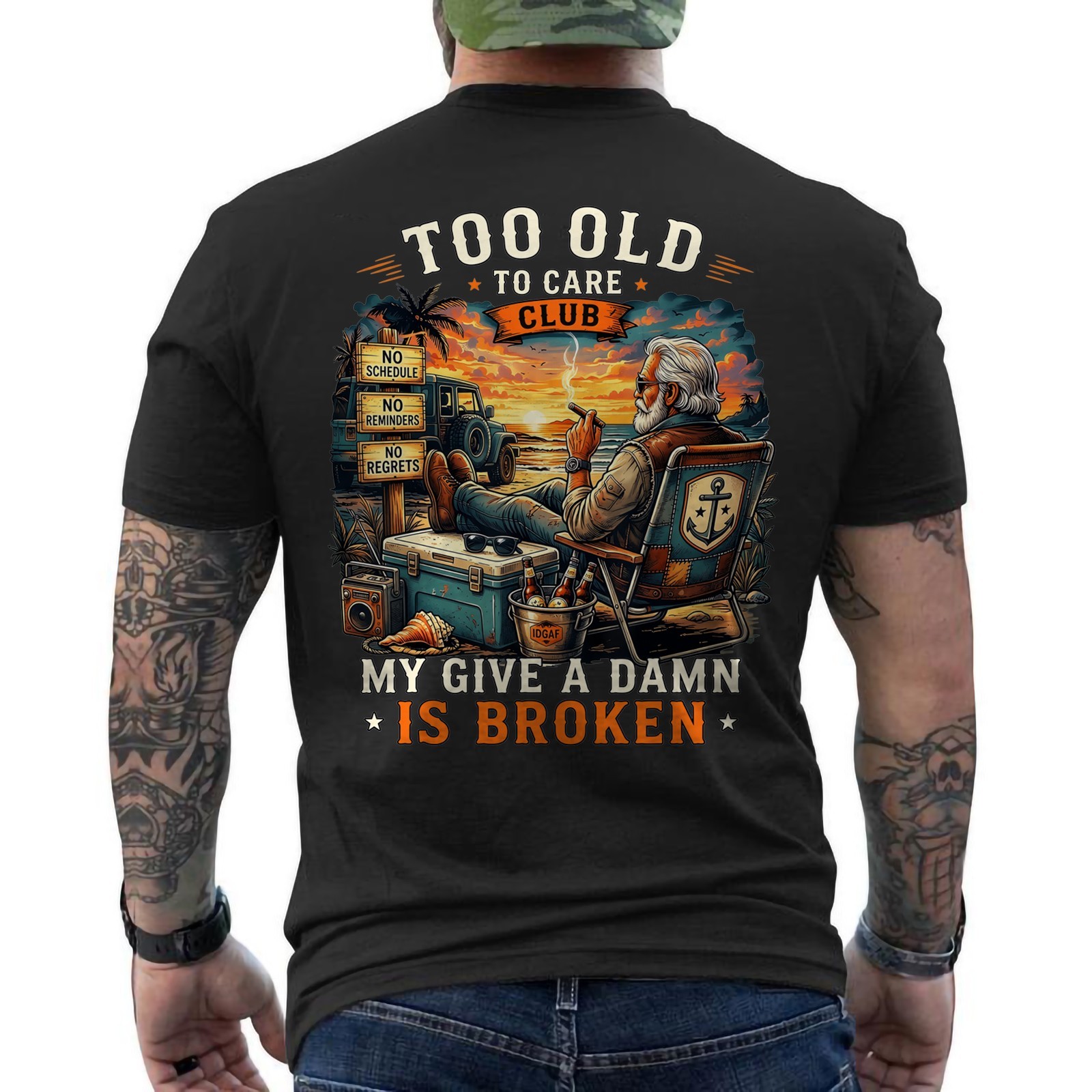 Too Old to Care Club Don’t Care My Give A Damn is Broken Retro ON BACK T-Shirt