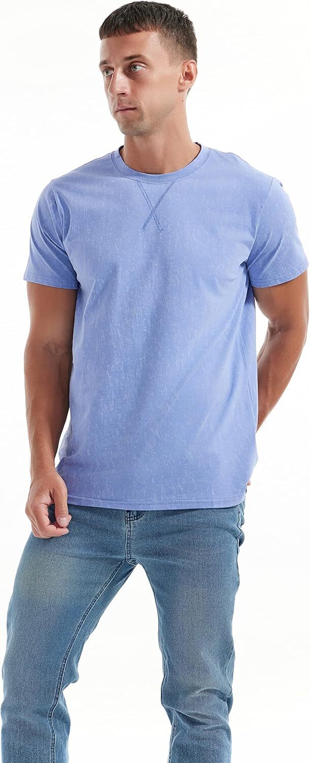 Men’s T Shirt Crew Neck Short Sleeve Cotton Spandex Washed Vintage Casual Tee