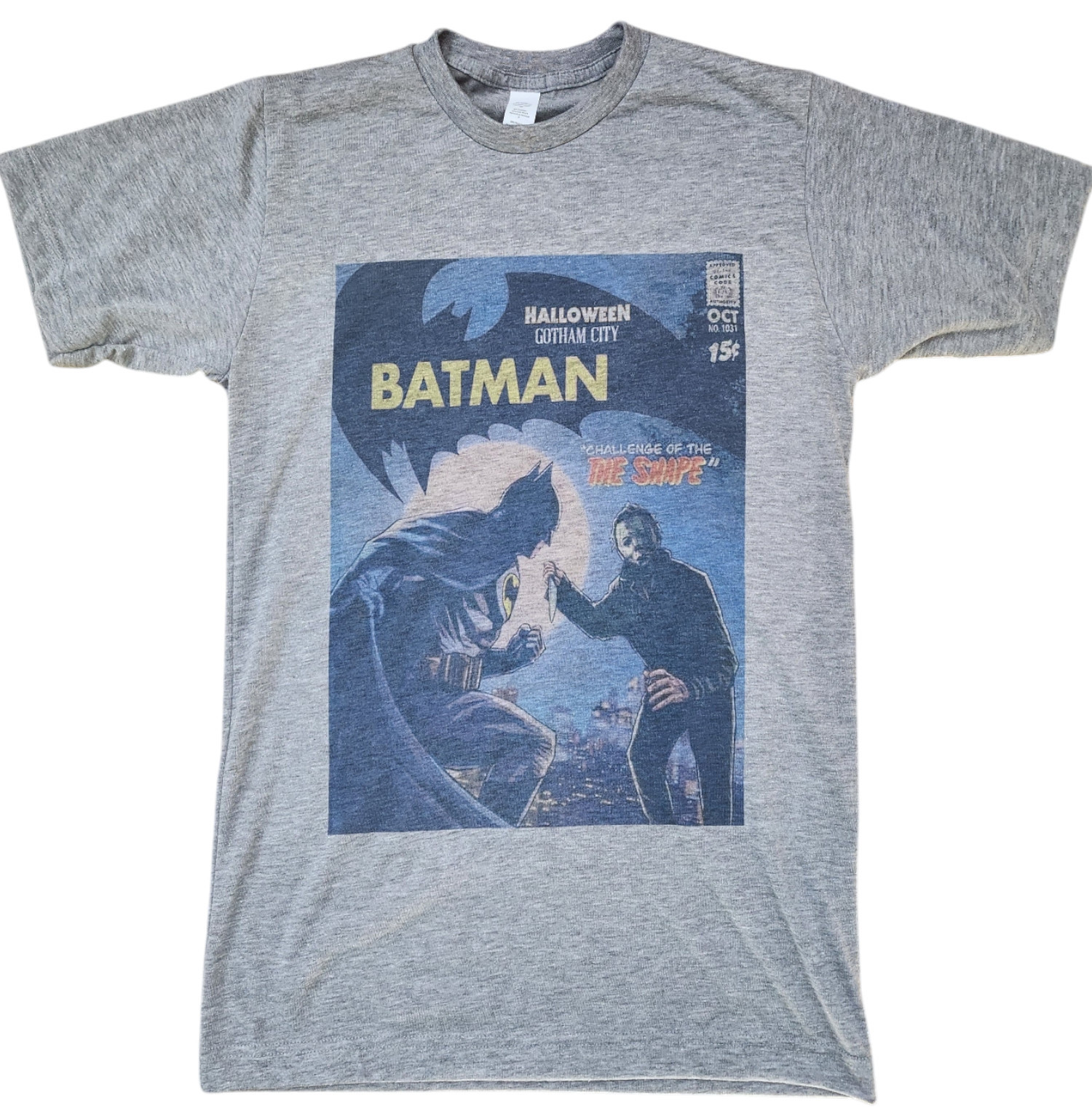 Men’ Batman vs Michael Myers Halloween graphic T-shirt Gray Soft Style Vintage