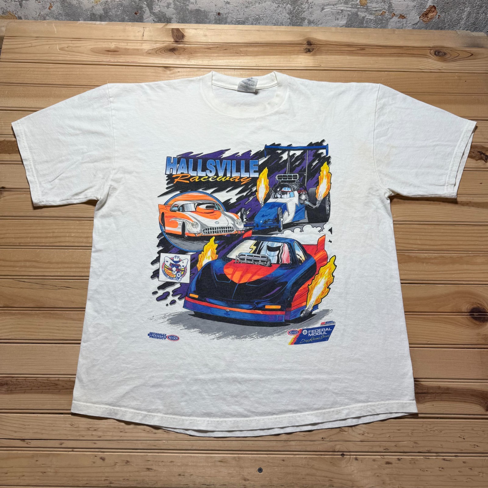 Vintage 90s Hallsville Raceway Drag Racing Series NHRA Cars T-Shirt – Size XL