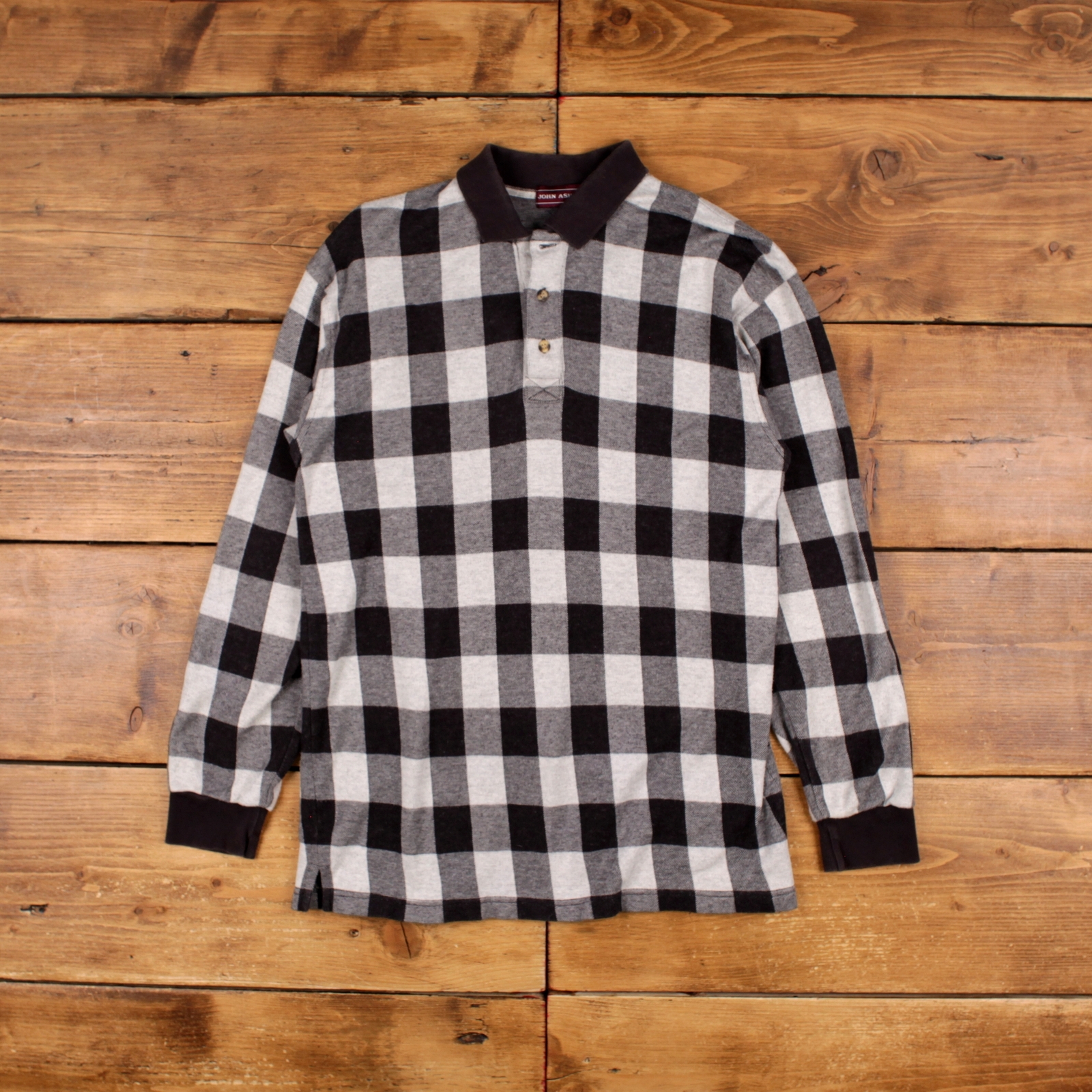 Vintage All Over Print T Shirt Medium John Ashford Long Sleeve Checked Black