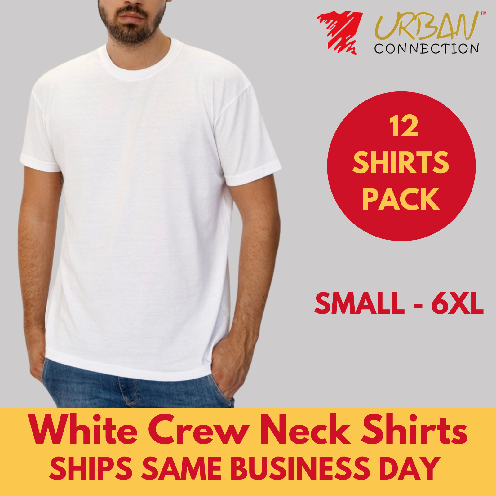 Pack of 12 Shirts | White Crew Round Neck T-Shirt | Urban Connection | Small-6XL