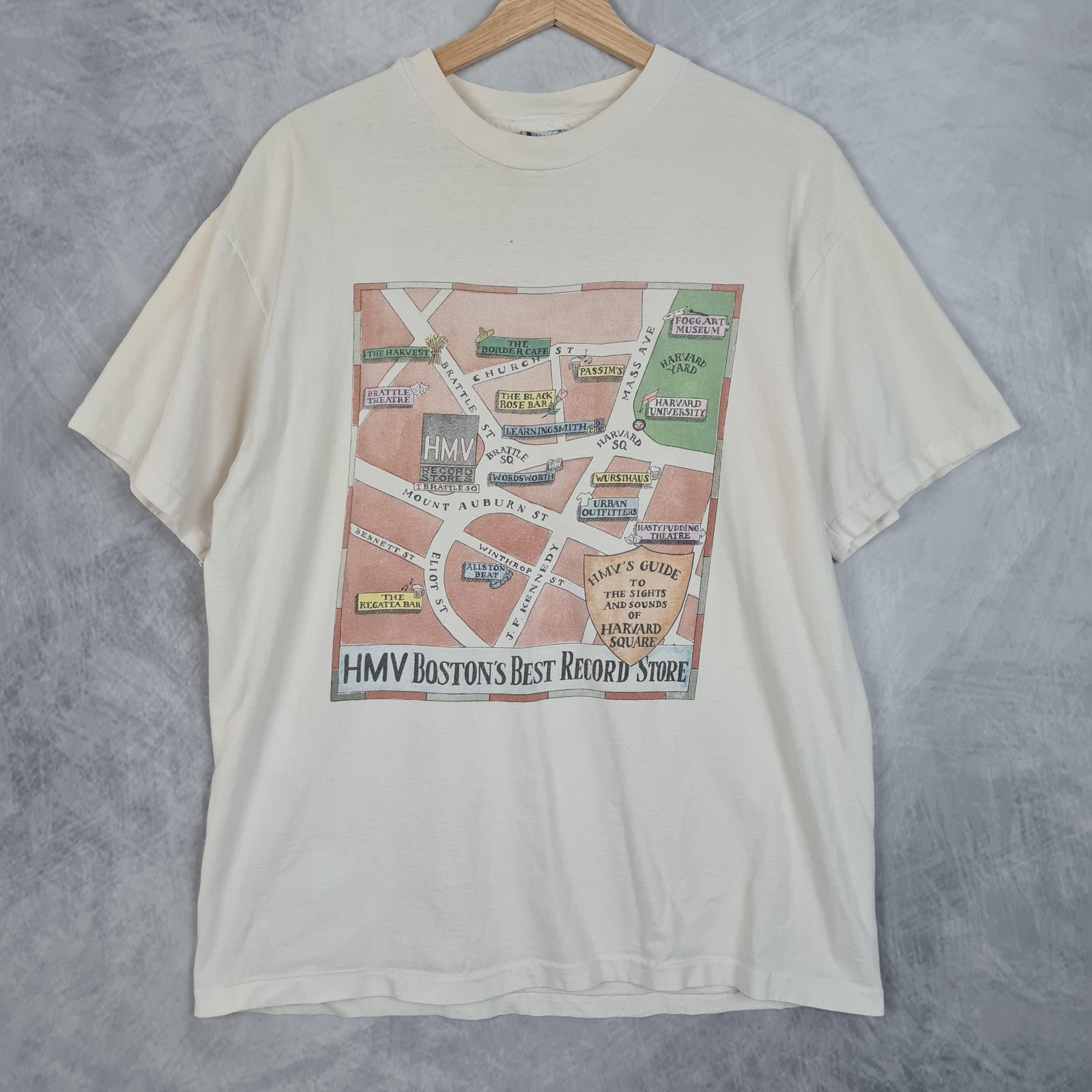 Vntg HMV Boston Shirt Mens Large White Harvard Square Record Store Single Stitch