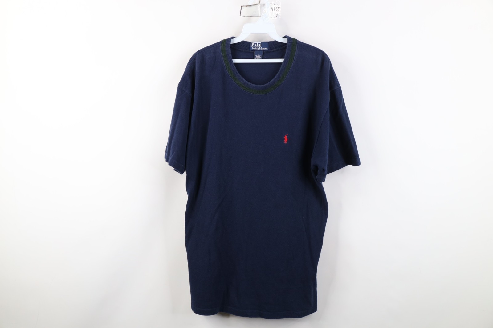 Vintage 90s Ralph Lauren Mens Large Faded Pique Cotton Knit Striped T-Shirt Blue