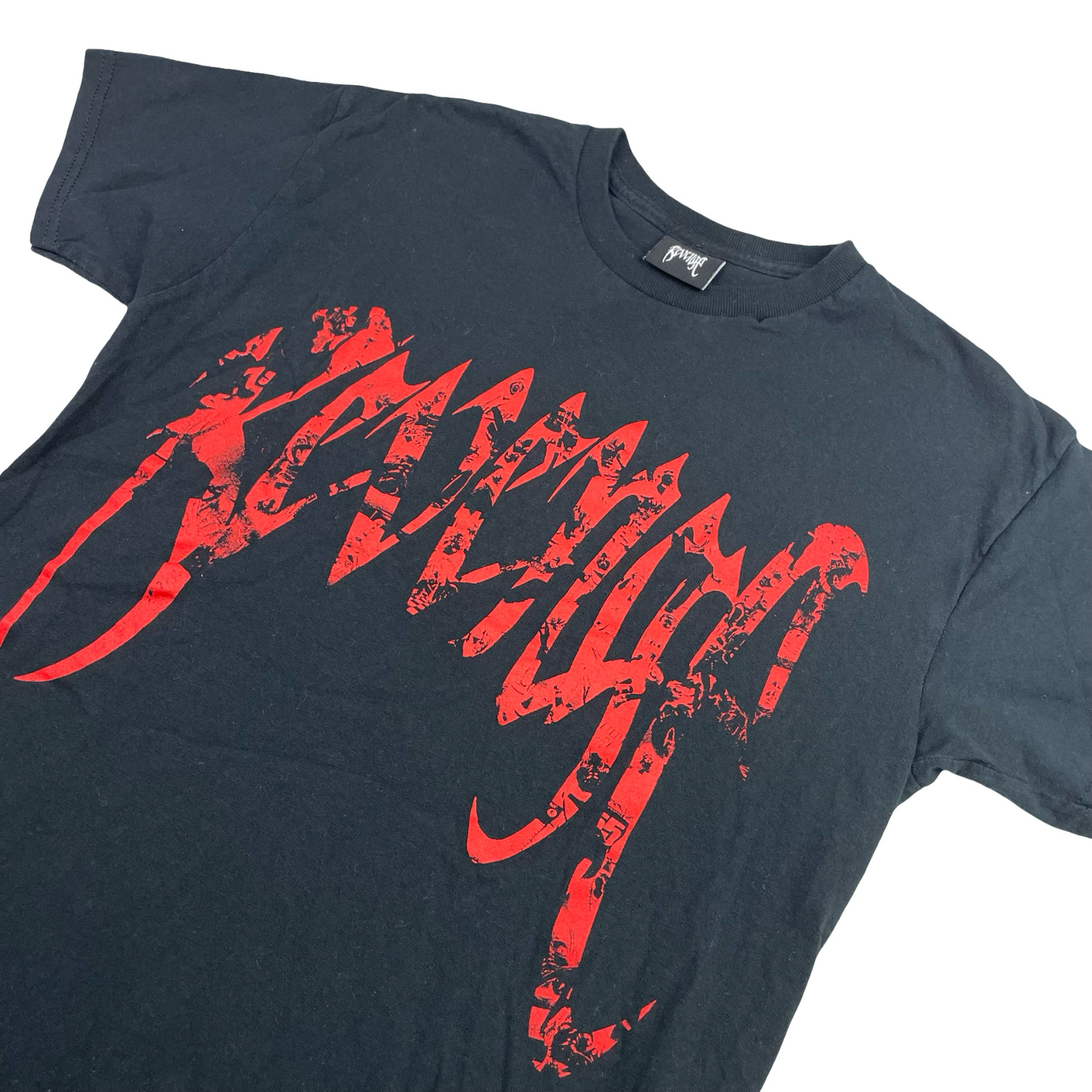 Revenge Men’s Crewneck S/S T-Shirt Black/Red Spell-Out Logo • Medium