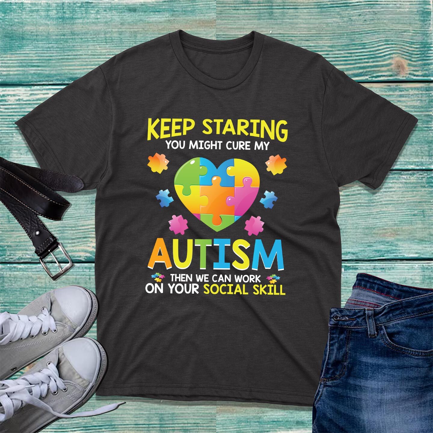 Autism Awareness Quote T-Shirt Puzzle Heart Rainbow Colours Keep Staring Tee Top