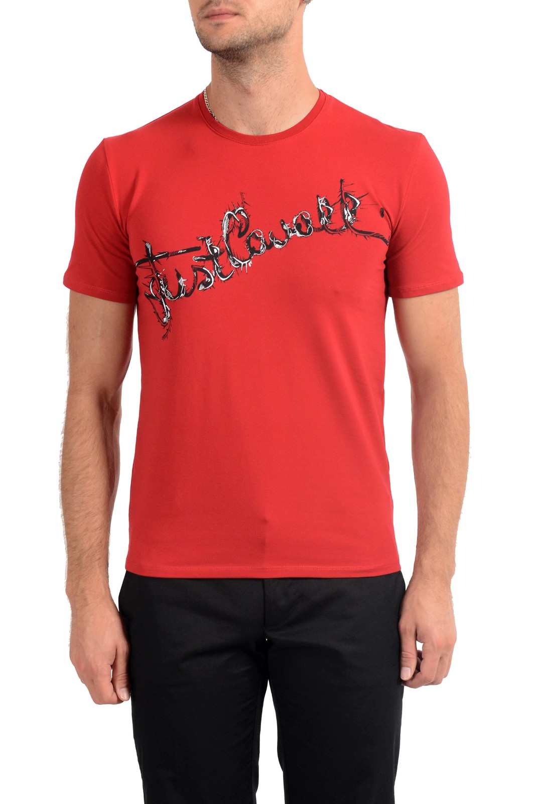 Just Cavalli Men’s Red Graphic Print Crewneck Stretch T-Shirt US 2XL IT 56