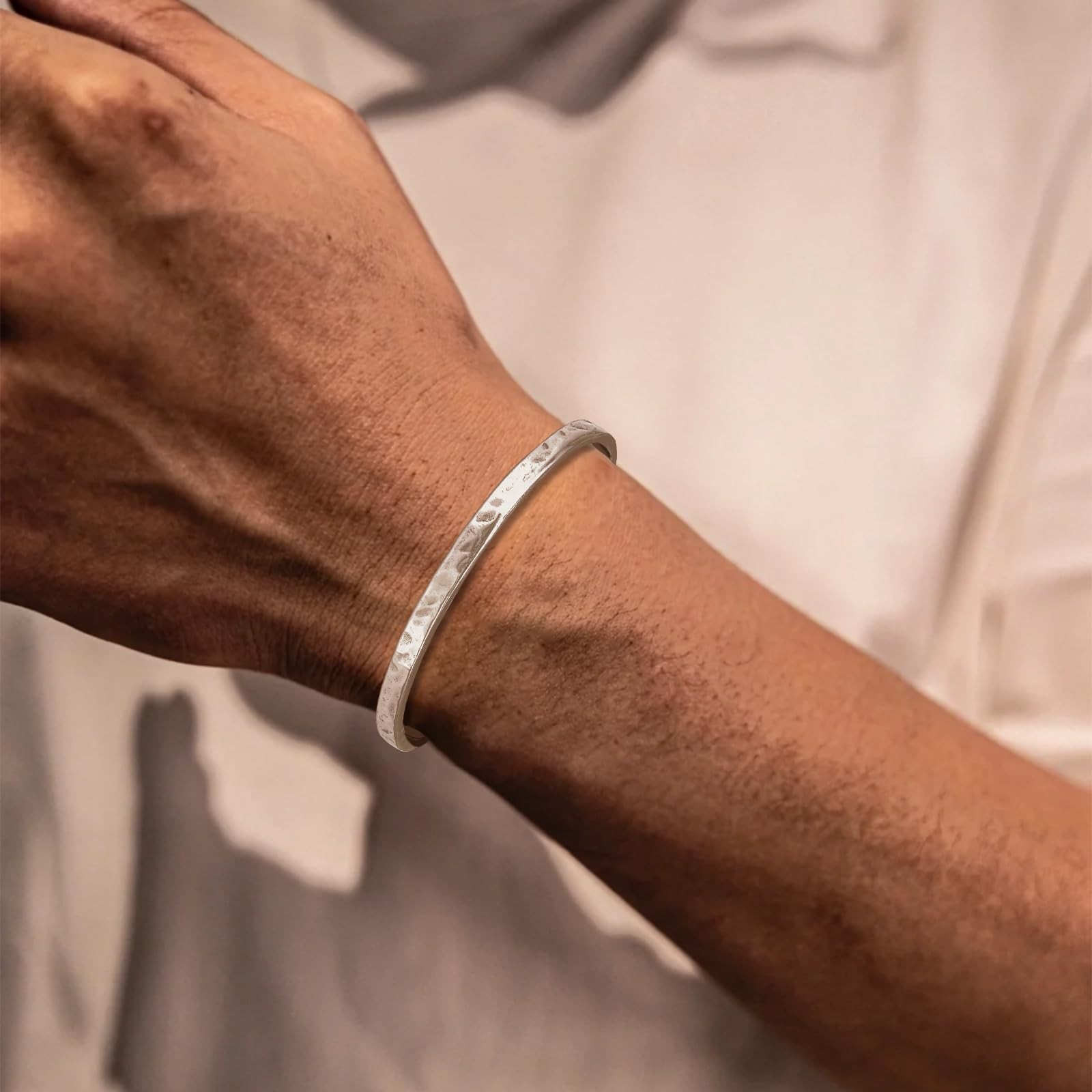 925 Sterling Silver Hammered Cuff Bangle Bracelet for Men, 4mm Handmade Minim…