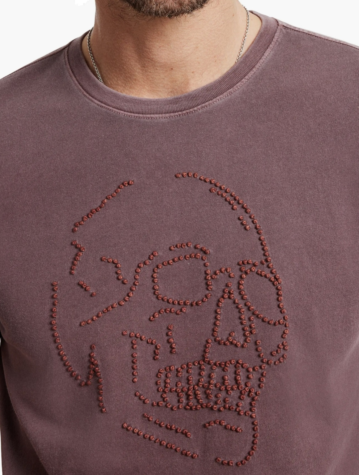 John Varvatos Men’s Large Skull Embroidered Beaded Knots Crew T-Shirt Mauvewood