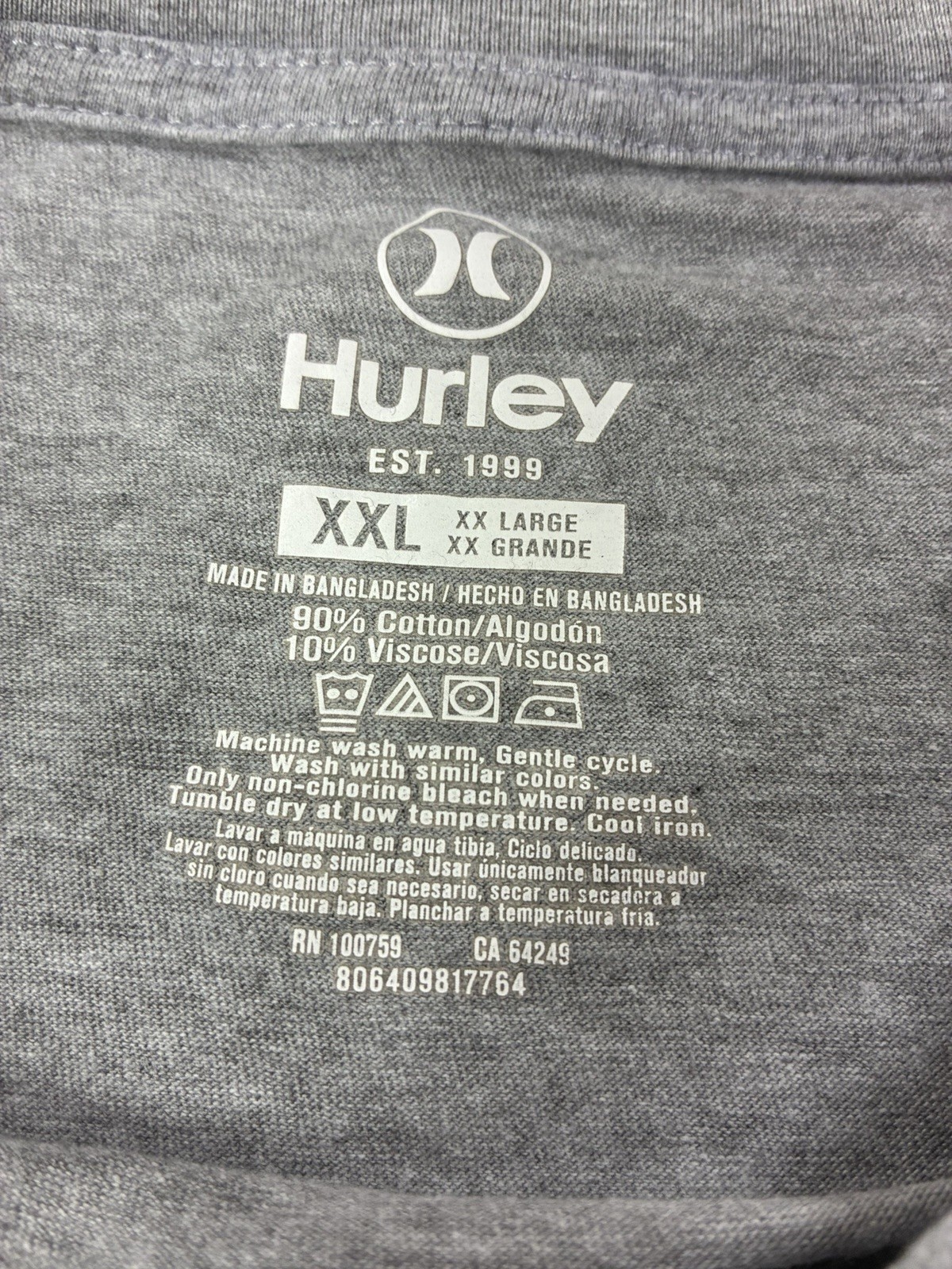 Hurley Since 1999 Men’s Size XXL Graphic Tee Shirt Gray #231