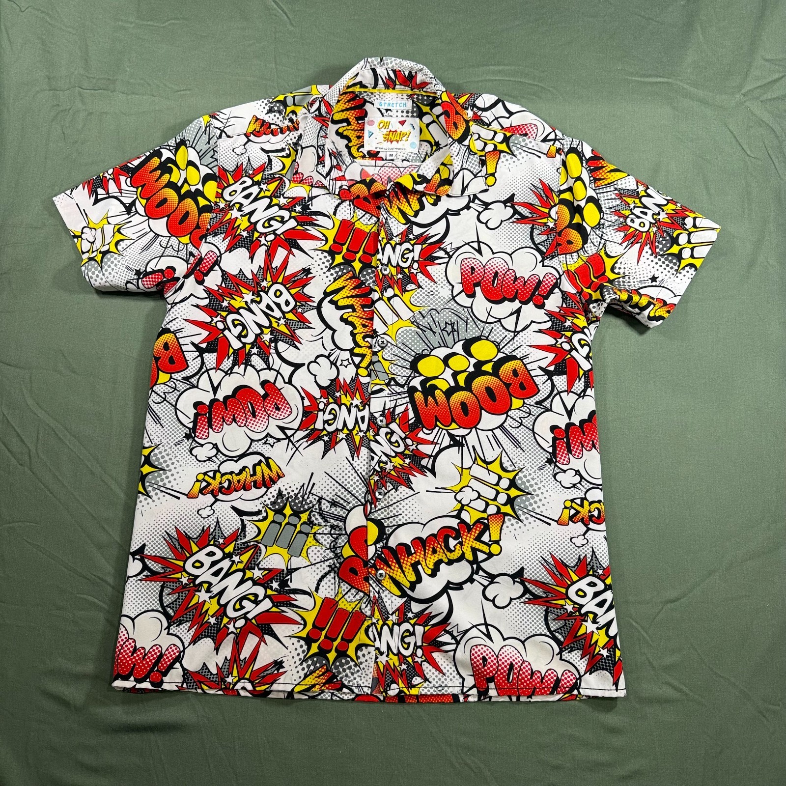 Oh Snap Drill Clothing Comic Pop Art Shirt Mens M Stretch Button Up Bang Pow