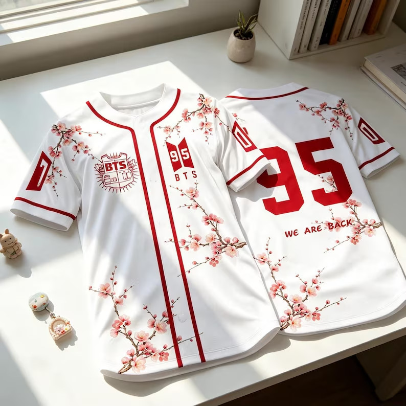 White Red Baseball Jersey Shirt Cherry Blossom Floral Kpop Concert Graphic Top