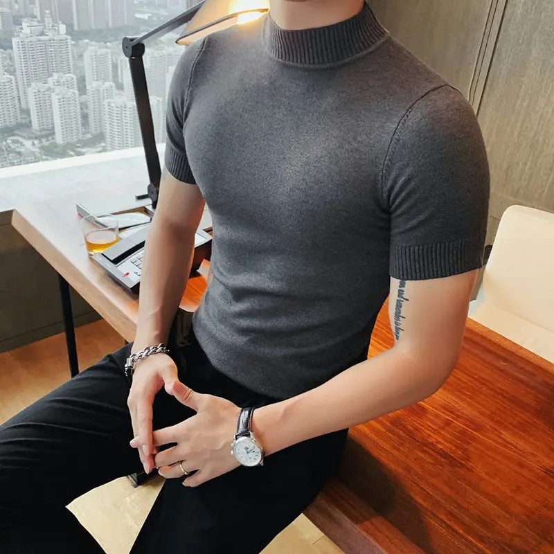 High Quality Men Half Turtleneck Knitted T Shirts Mens Autumn Short Sleeve Slim
