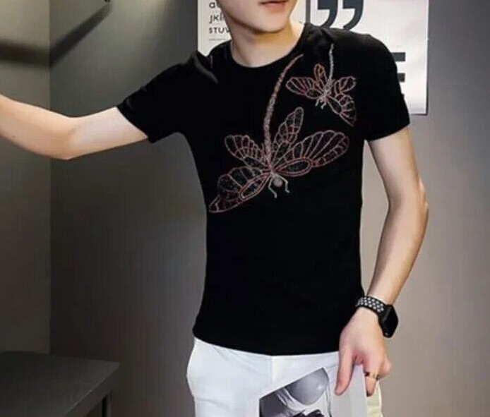 New Men Luxury Rhinestones Dragonfly Fashion Black White T-Shirt High Quality