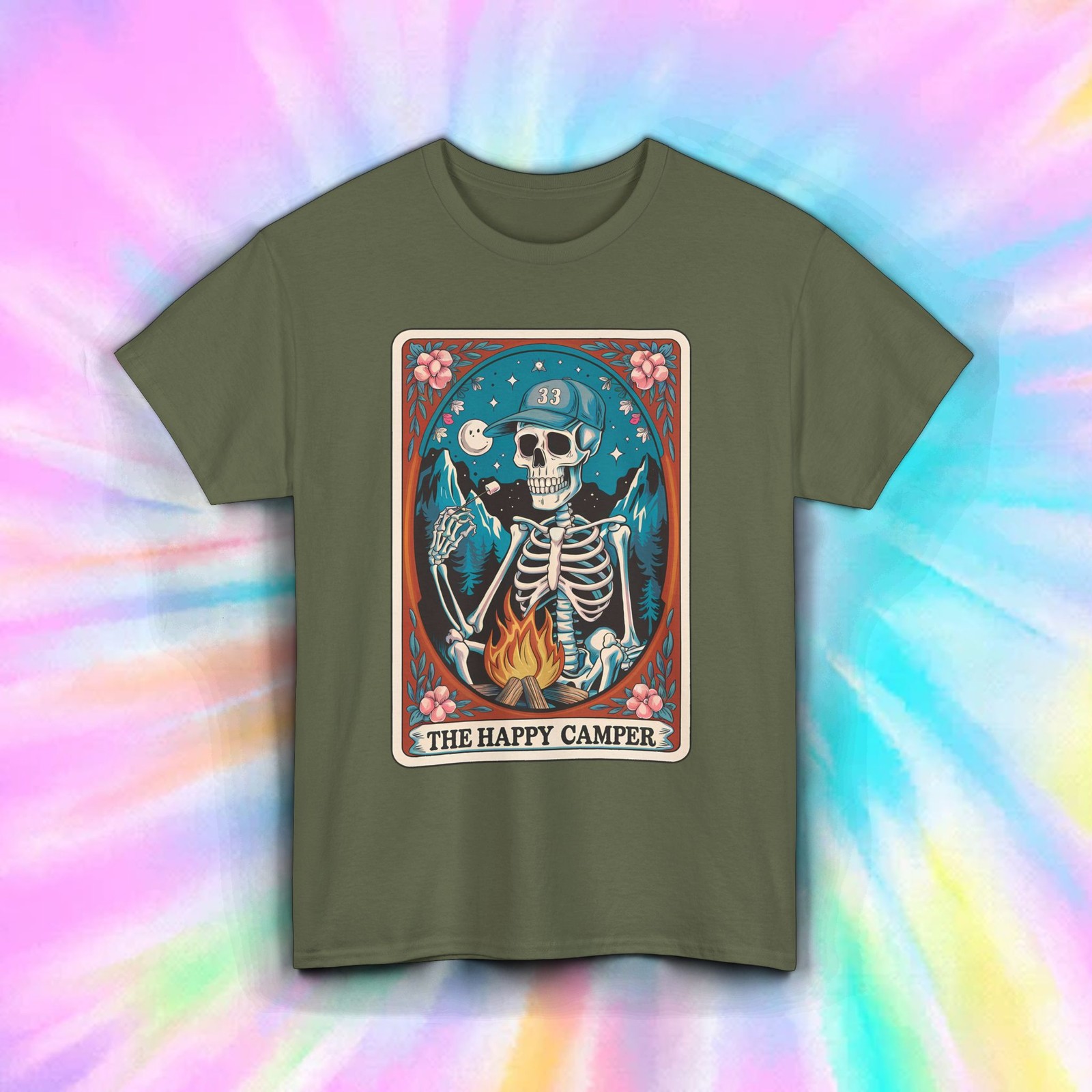 Happy Camper Shirt Skeleton Campfire Funny Retro Outdoors Hike Tee S-5XL