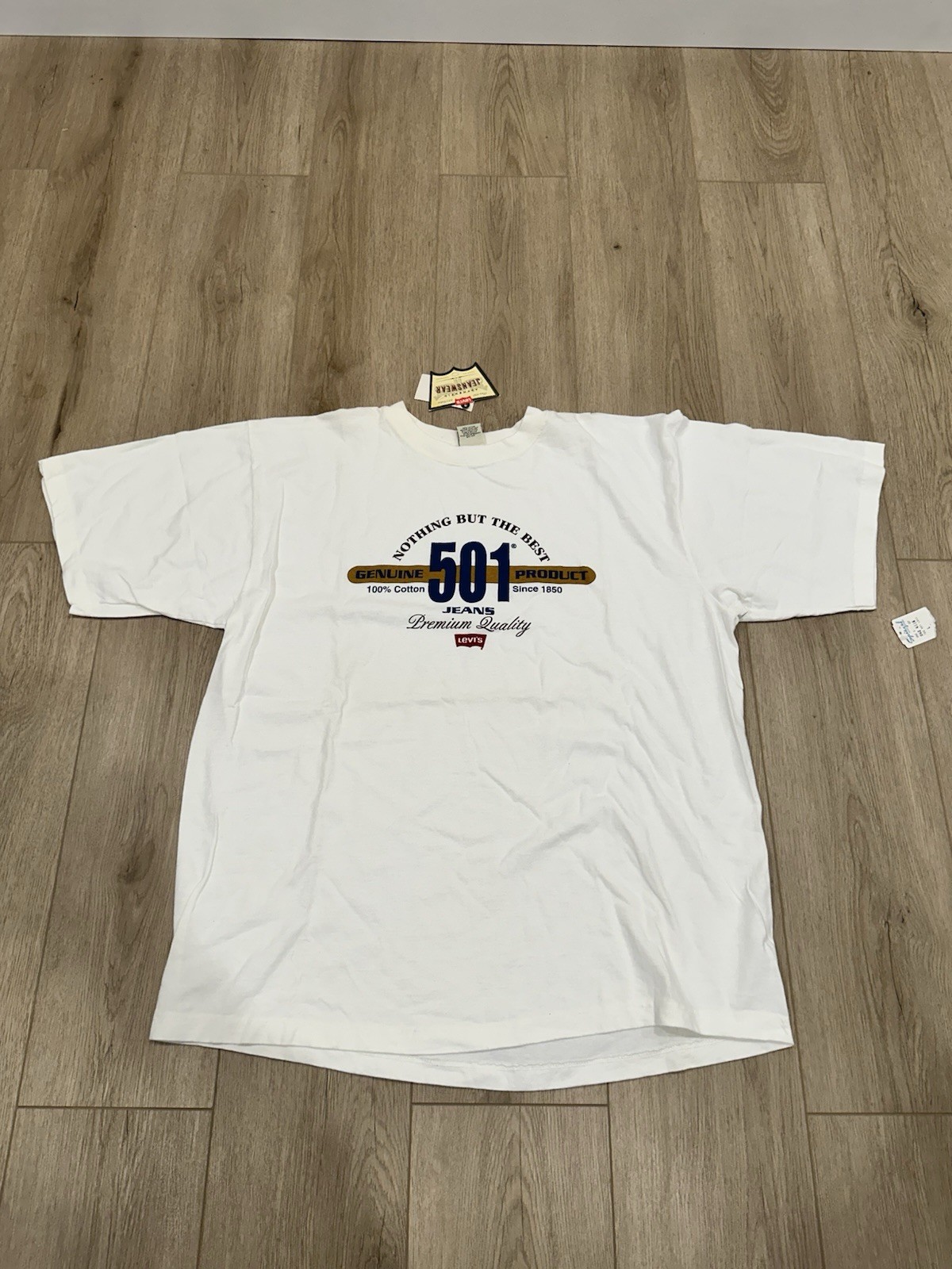 NWT VTG 90s LEVIS 501 Promo Genuine USA Made Jeans White Tee T-Shirt Mens Large