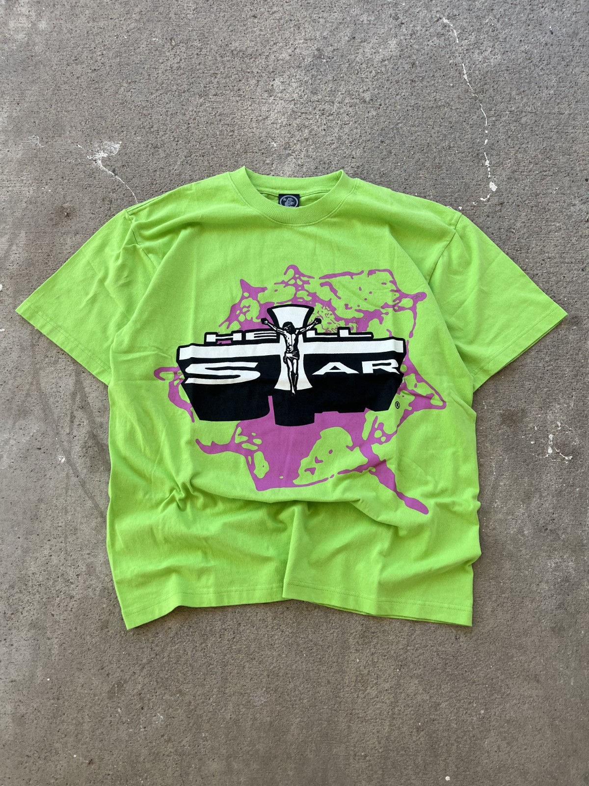 Hellstar Studios Path To Paradise Jesus Tee Neon Green Purple Pink Splat Cross