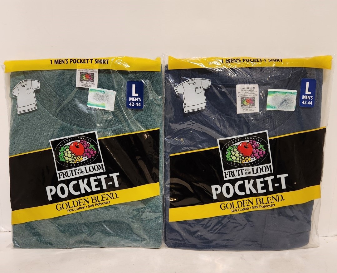 Vtg 1998 Fruit Of The Loom Pocket T Shirt SZ Large Lot of 2, Green Navy Blue