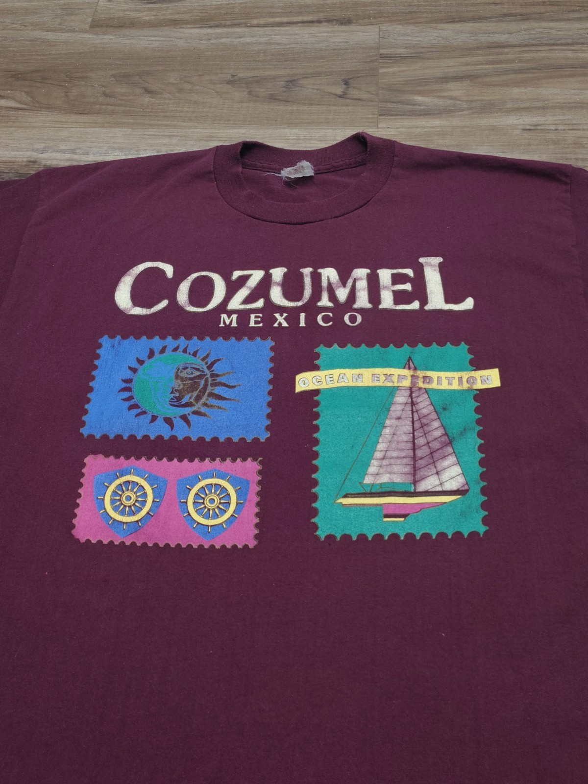 Vtg Cozumel Mexico Single Stitch Graphic Tee Sailboat Sun Stamp Tourist Maroon L
