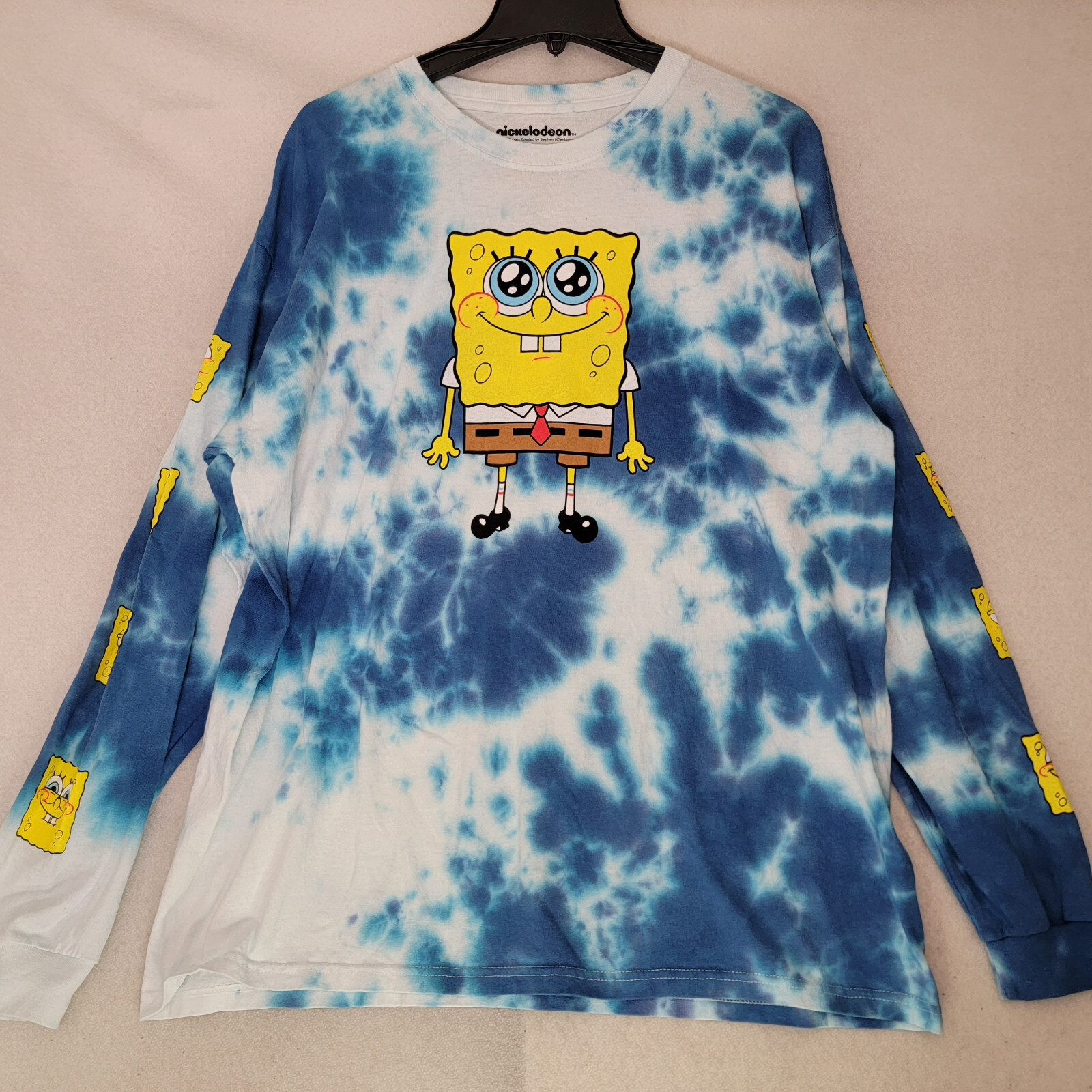 NICKELODEON SPONGEBOB TIE DYE T SHIRT MENS Large L BLUE WHITE LONG SLEEVE NWT