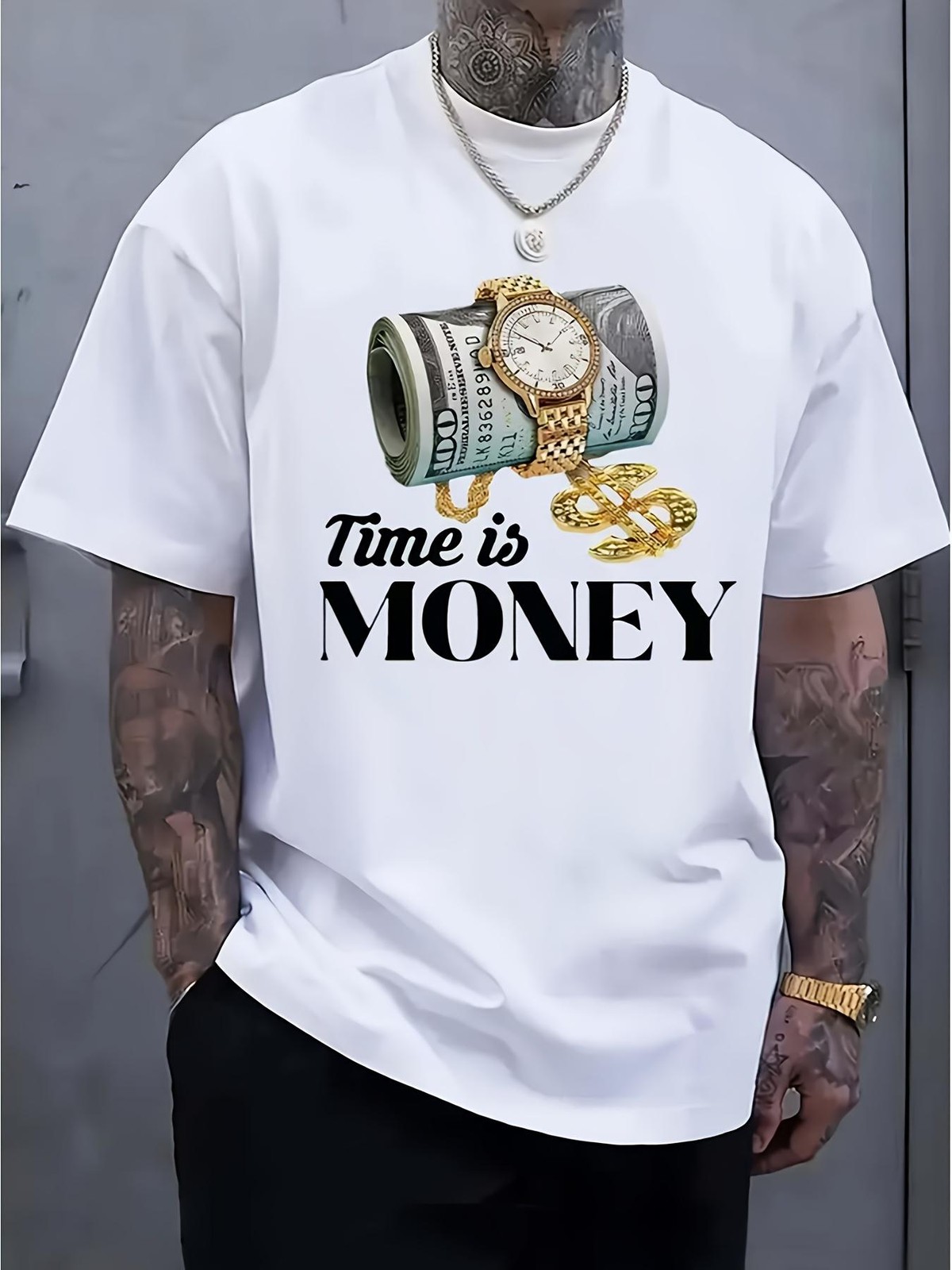Time Is Money Watch Cash Chain Graphic Men’s T-Shirt Hustle Streetwear Tee