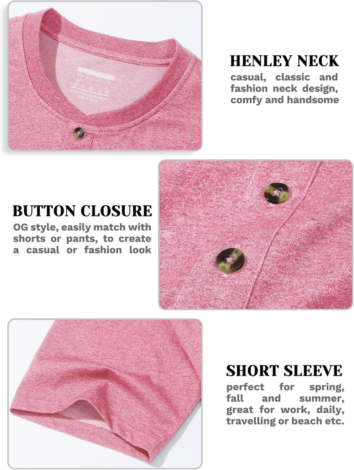 Men’s Henley Short Sleeve Shirt Moisture Wicking Lightweight