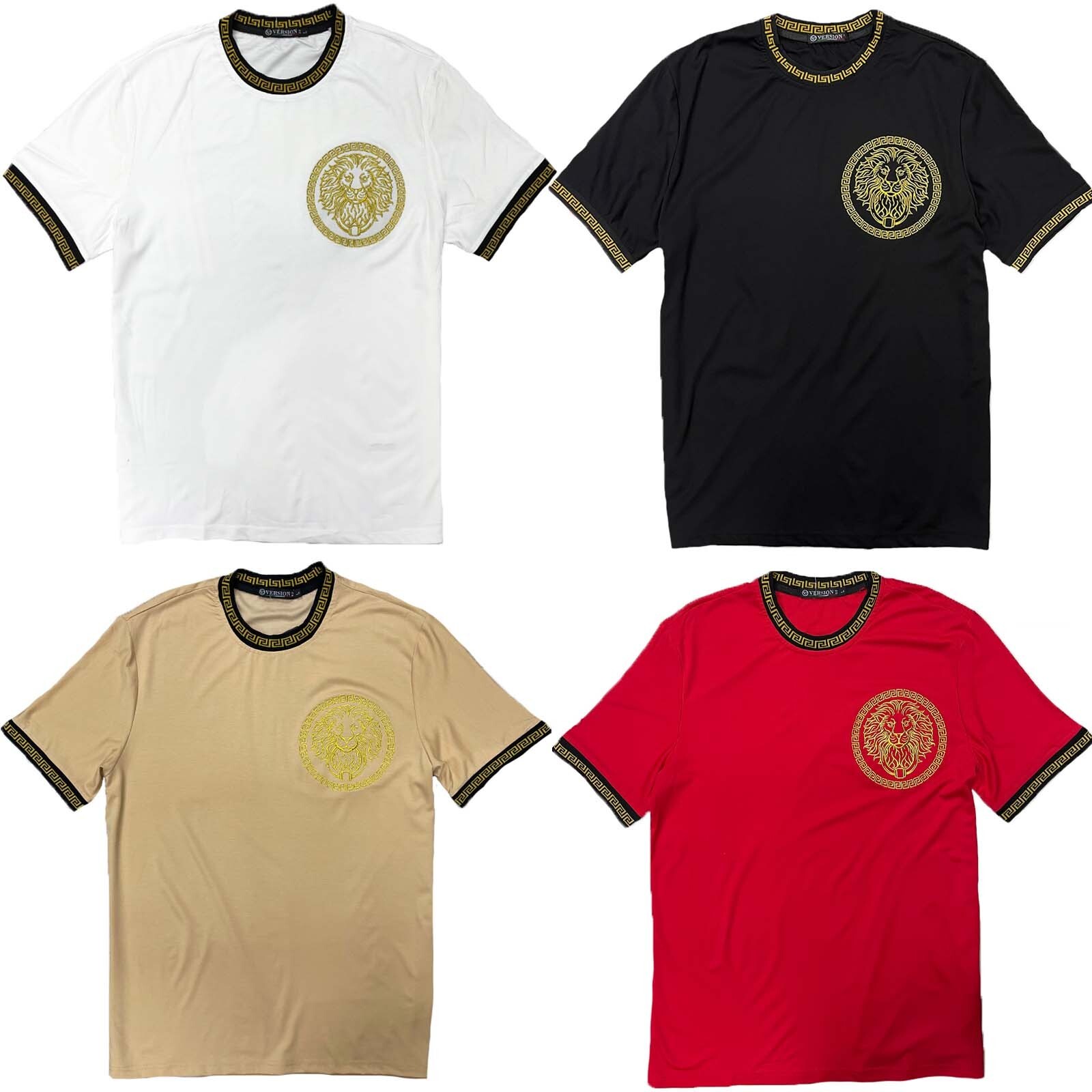 Mens Tee Shirt Designer Embroidery Lion Greek Italy Style Fit Stretch Casual