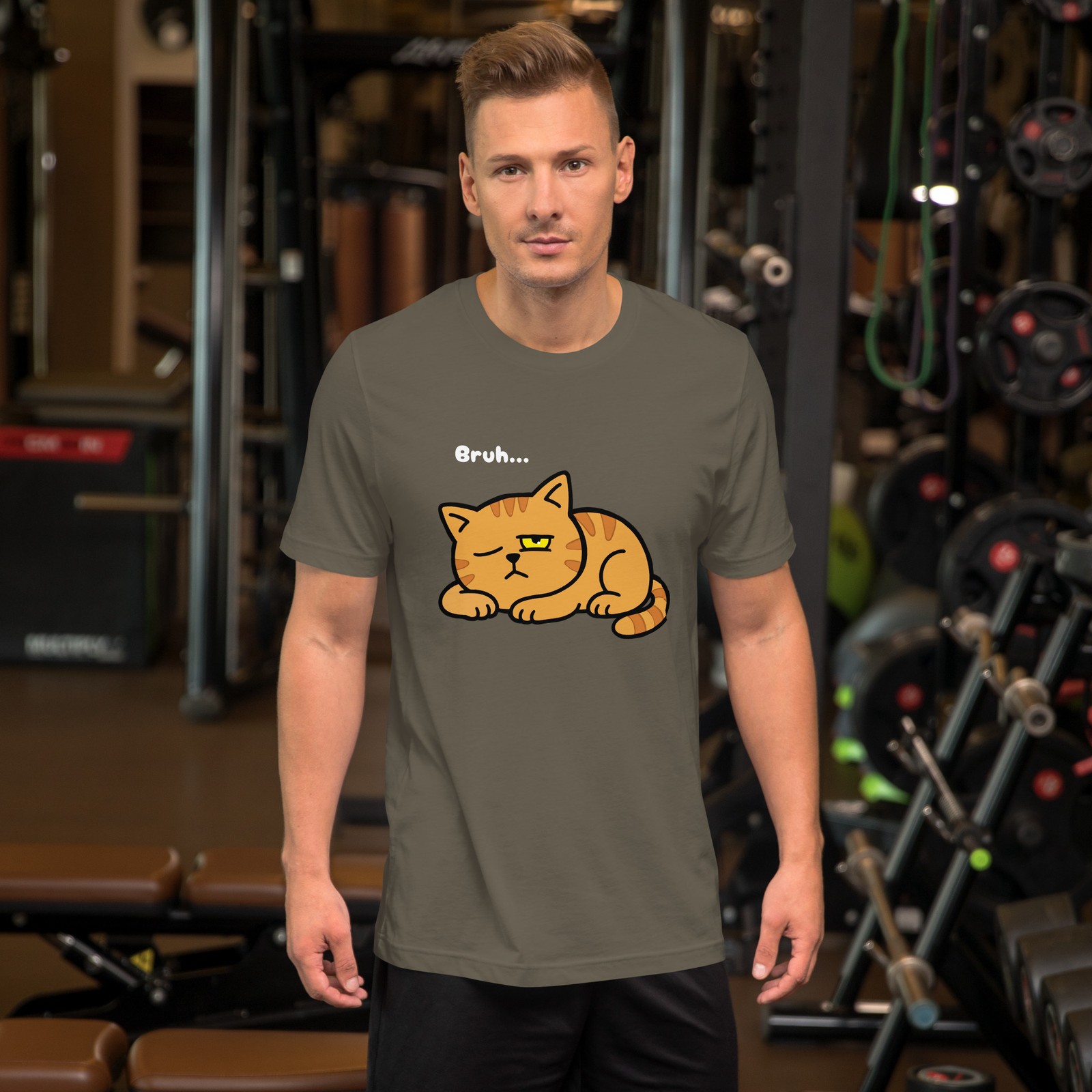 Bruh Cat Barty T-Shirt | The Over It Cat Funny Annoyed Orange Tabby Printful Tee