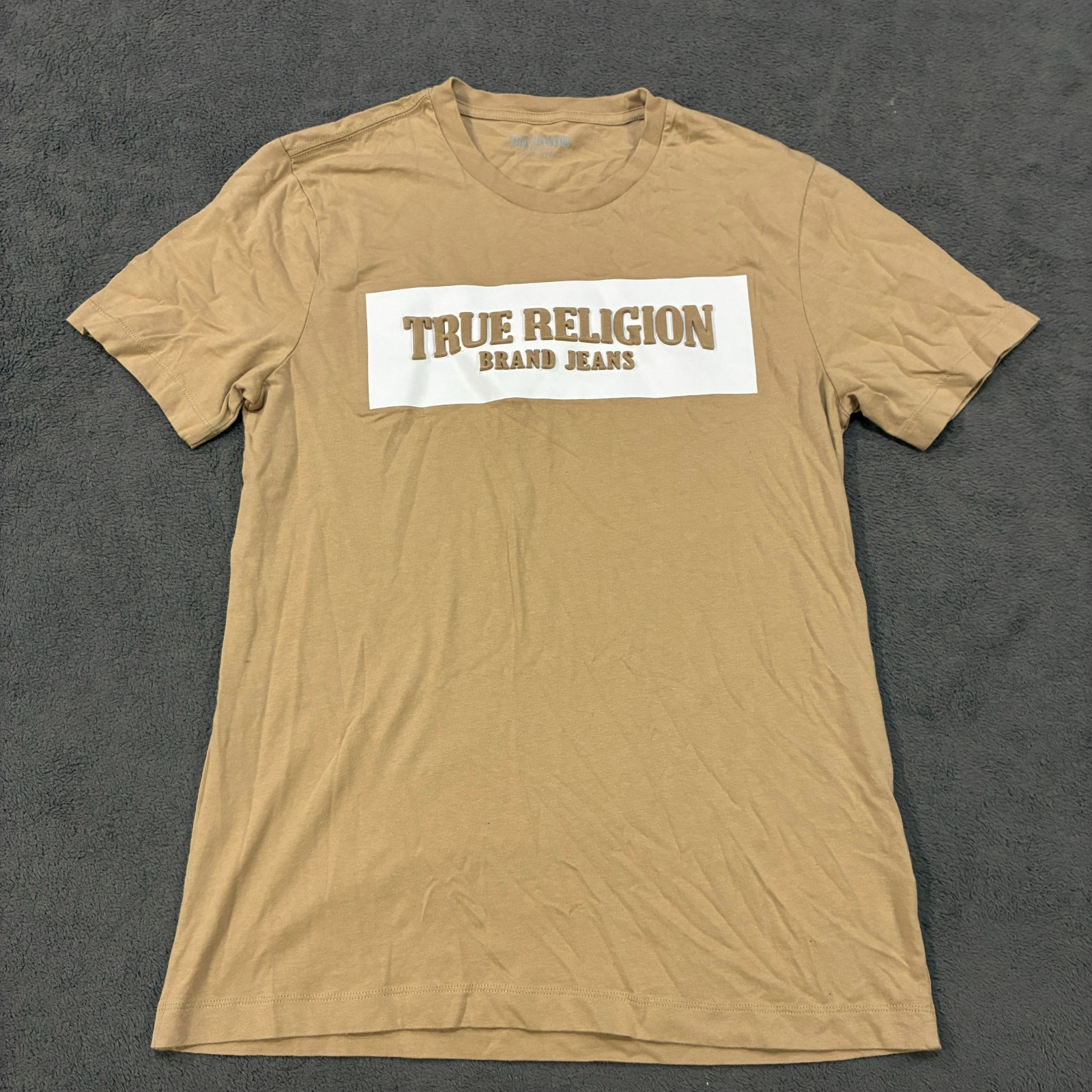 True Religion Beige Spell Out Logo Graphic Casual Streetwear T Shirt Mens Size S