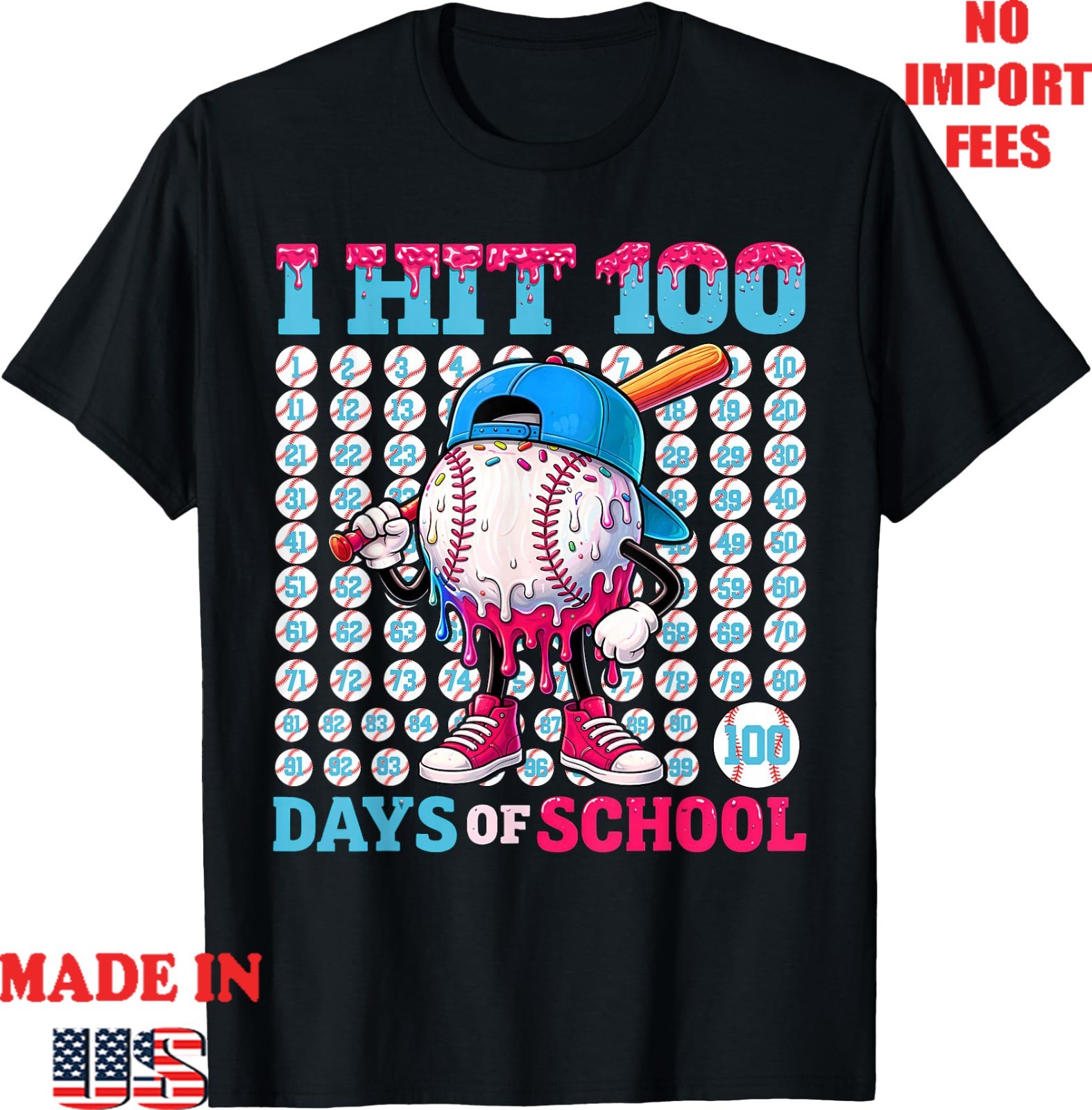 100 Days School Baseball Drip Boys Kids 100th Day School T-Shirt, Kid Adult Tee