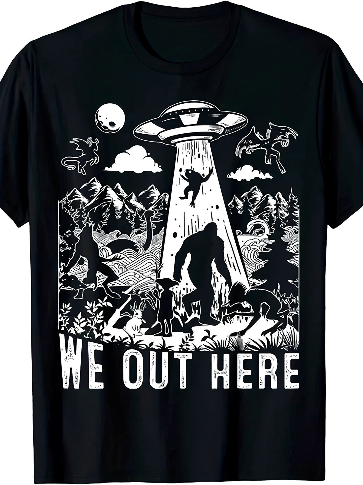 “We Out Here” Cryptid UFO T-Shirt – Funny Bigfoot Alien Graphic Tee