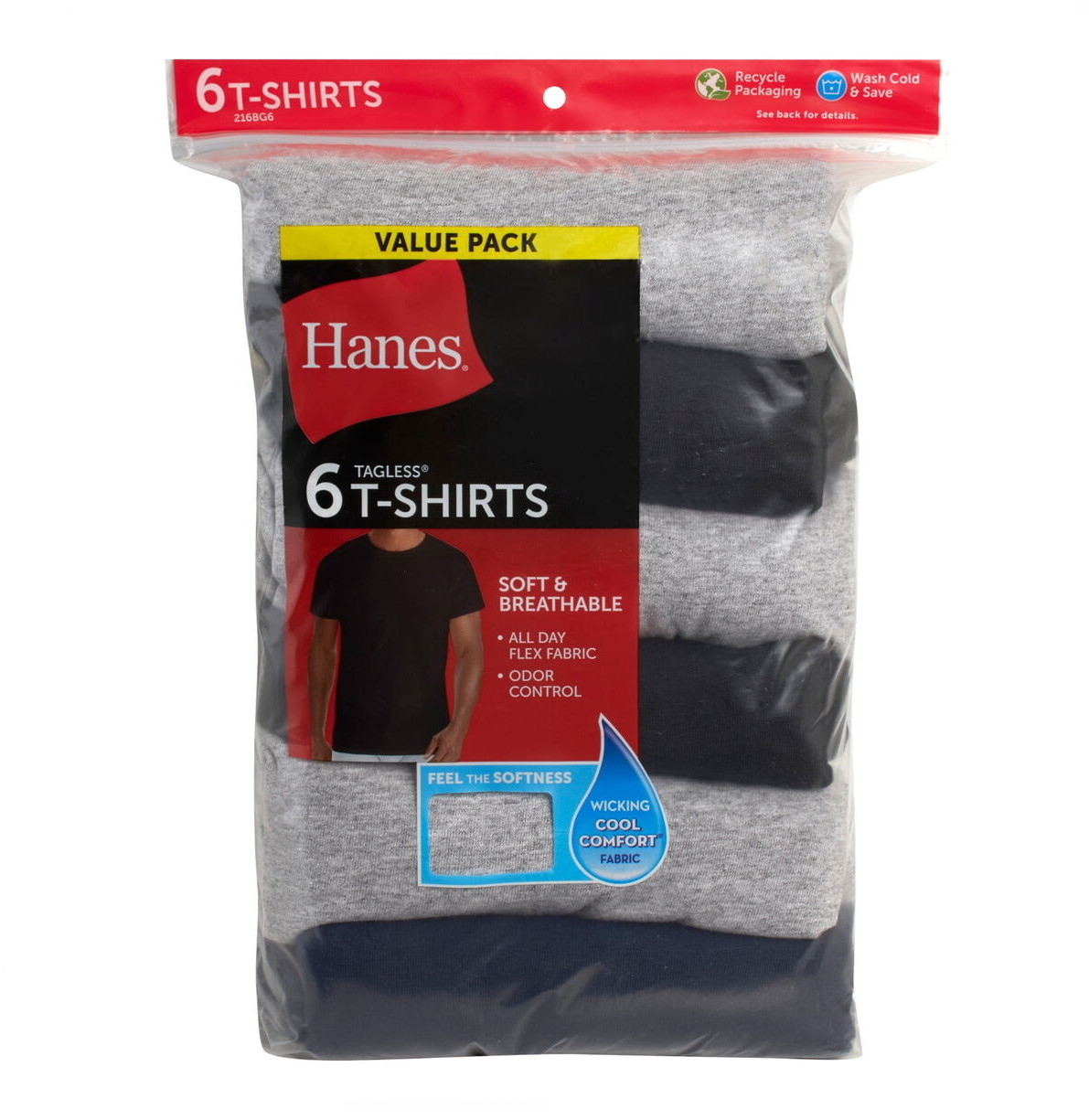 Hanes 6 Pack Mens T-Shirts Crew Neck Cool Comfort Size XL Value Pack Tagless NEW