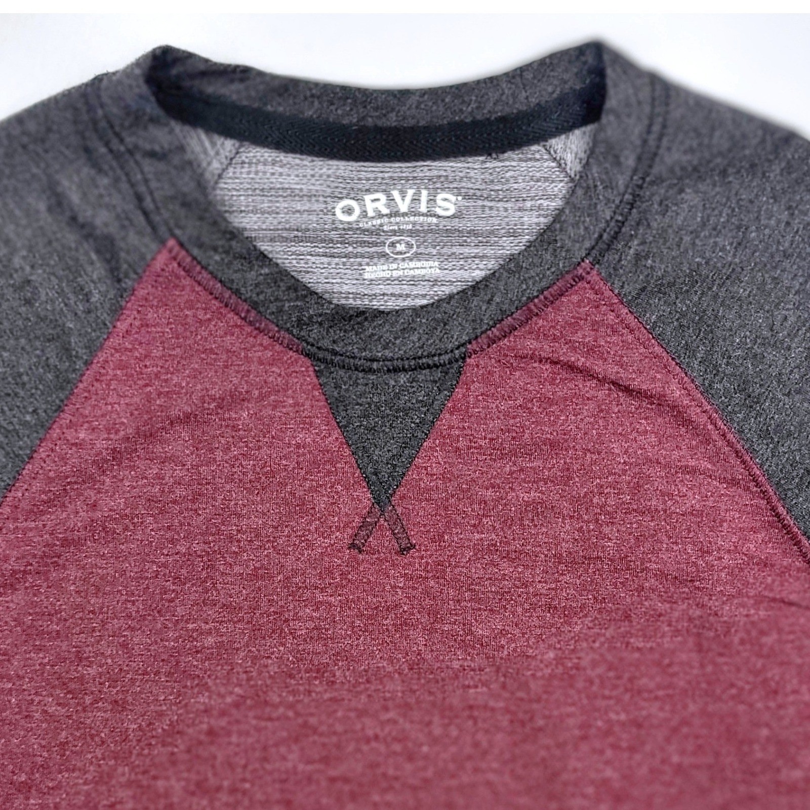 Orvis Mens Classic Collection Raglan Long Sleeve Shirt Burgundy Grey Medium