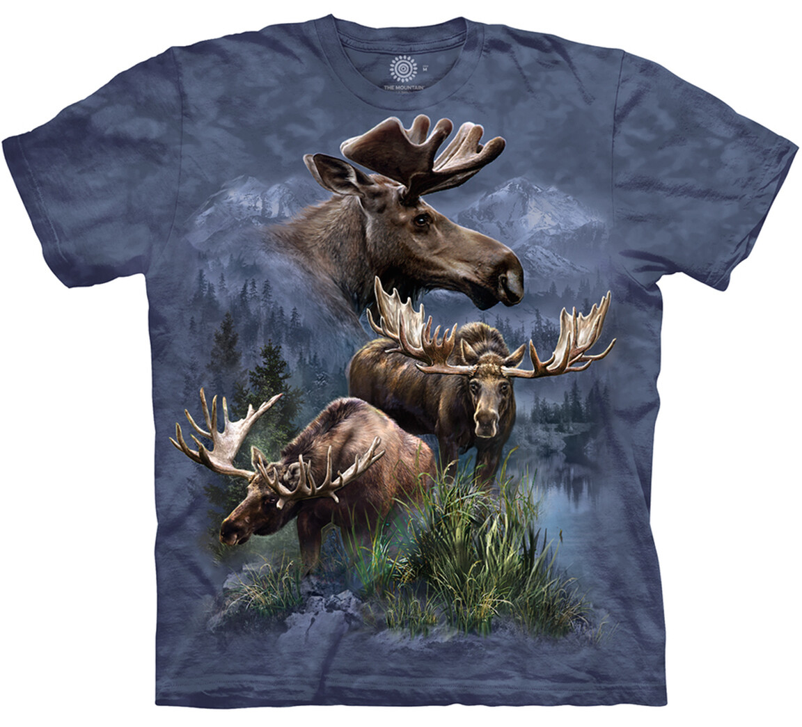 The Mountain Moose Collage Wild Elk Deer Blue Tie Dye Cotton T-Shirt Adult S-5X