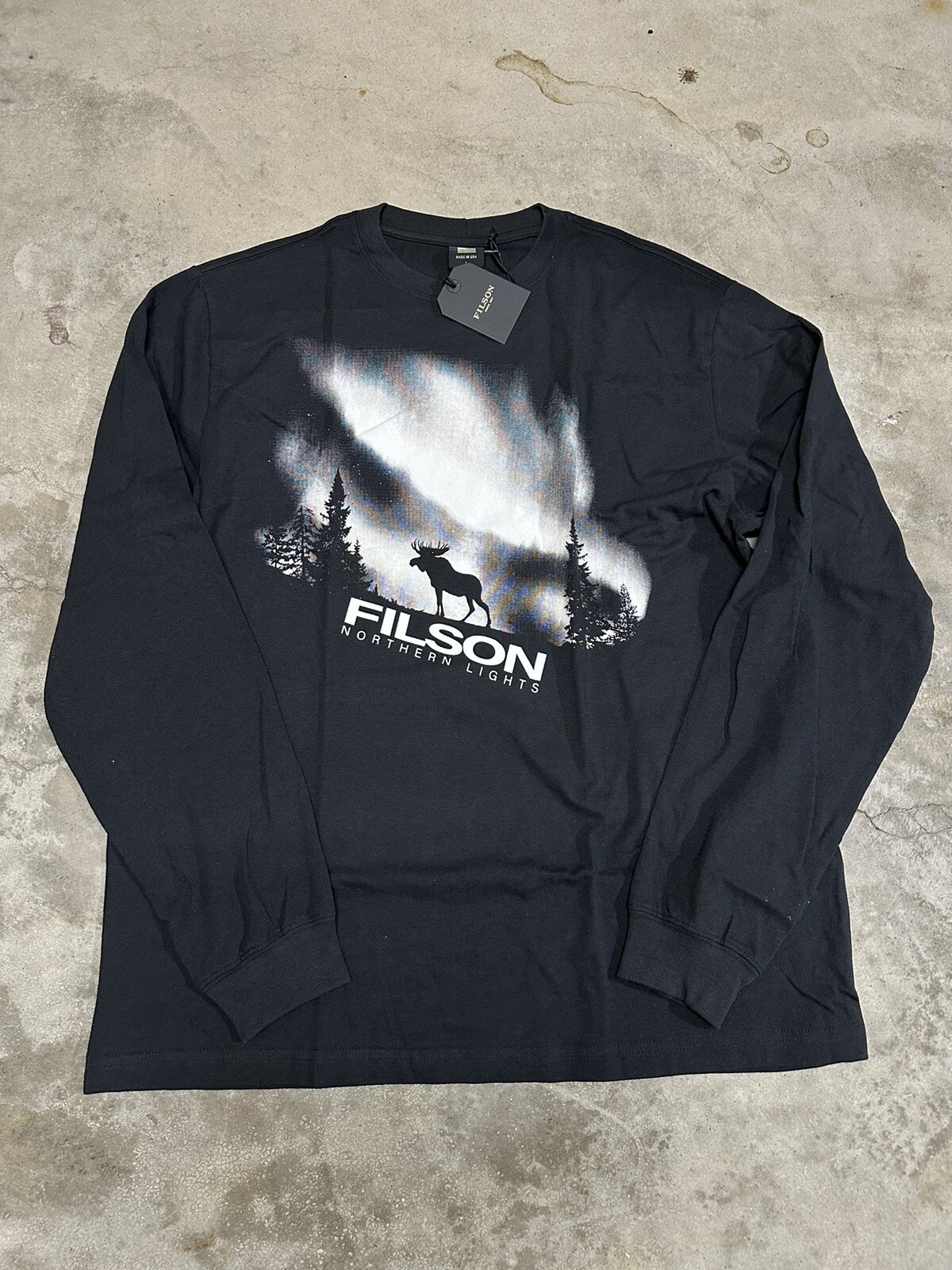 NWT Filson Northern Lights Long Sleeve Moose T Shirt Black Made in USA Outdoors