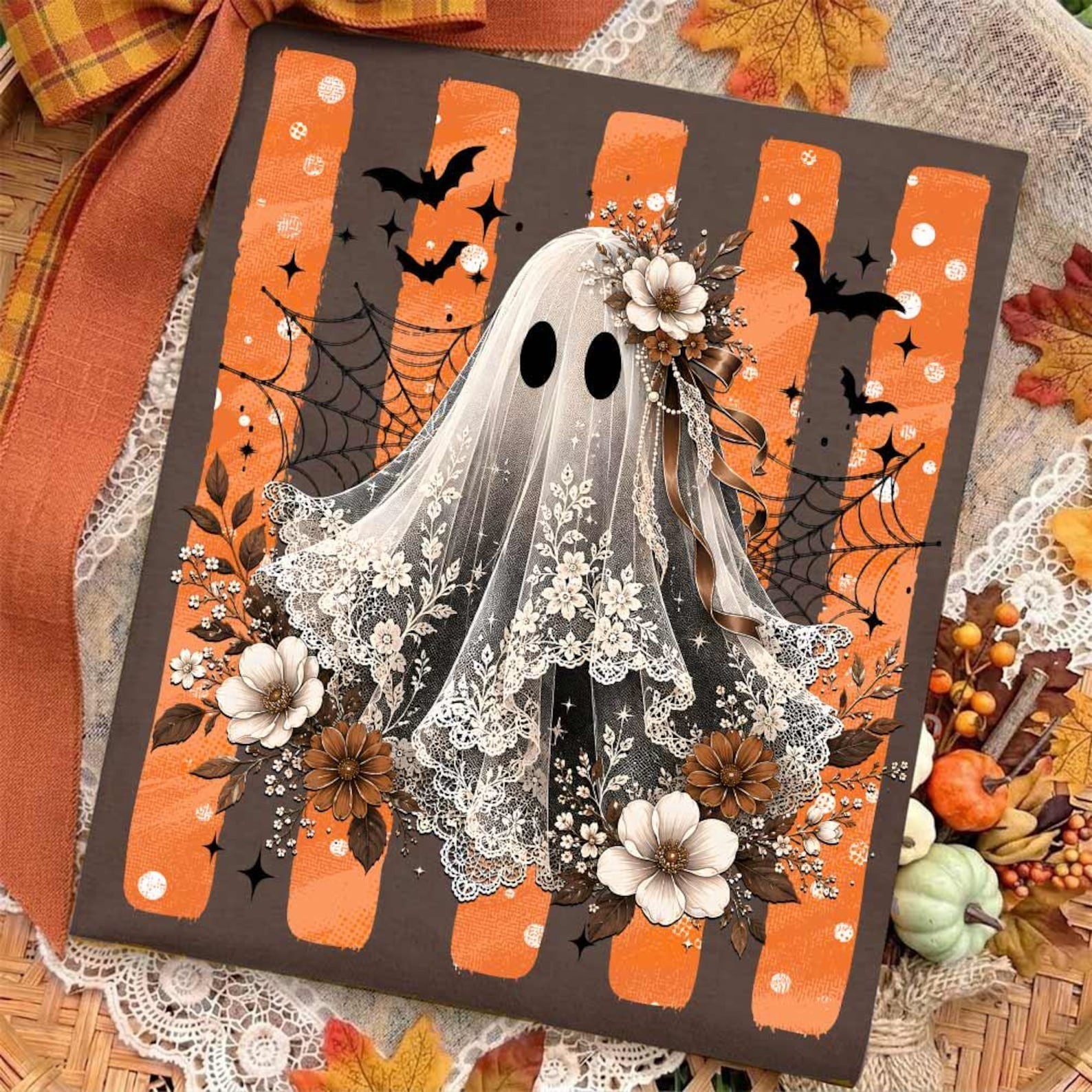 Striped Cute Lace Ghost Halloween Boo Bow Cute Ghost T-Shirt
