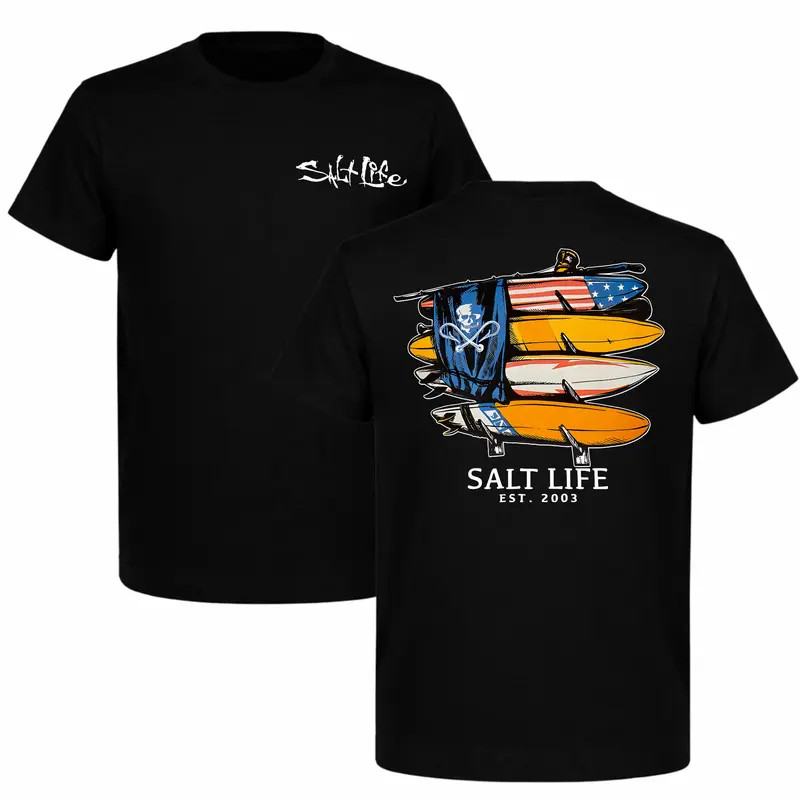 Funny 2-Sided American Flag Skull Salt Life Surf Graphic Tee T-Shirt