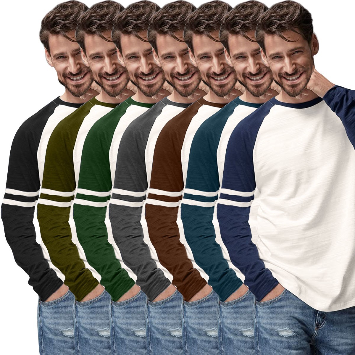Mens Triblend Long Sleeve Baseball T-Shirt Casual Raglan Plain Contrast L/S Top