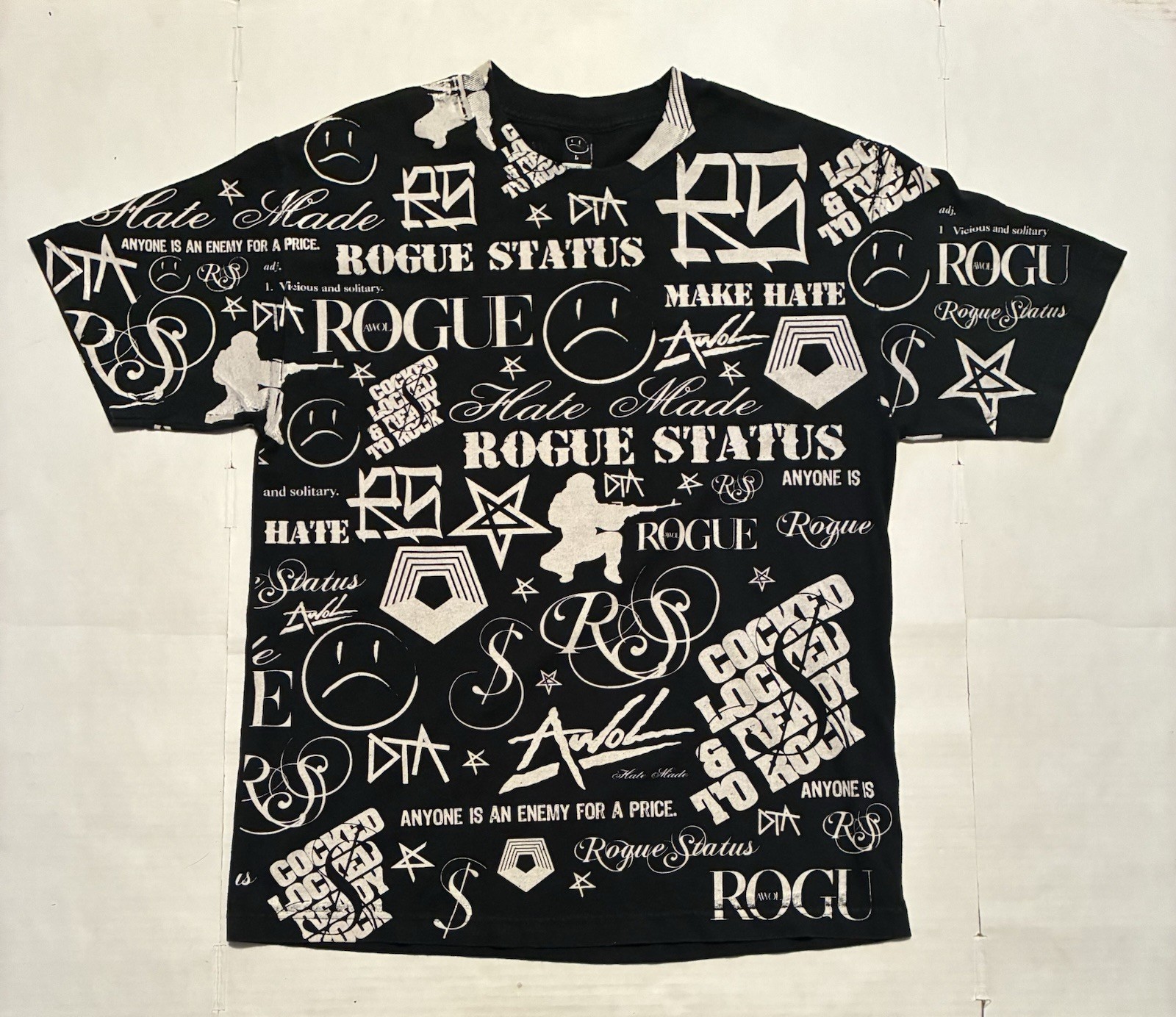 Y2K Rogue Status AOP Skater Black Tshirt Size Large Grunge Streetwear Rob Dyrdek