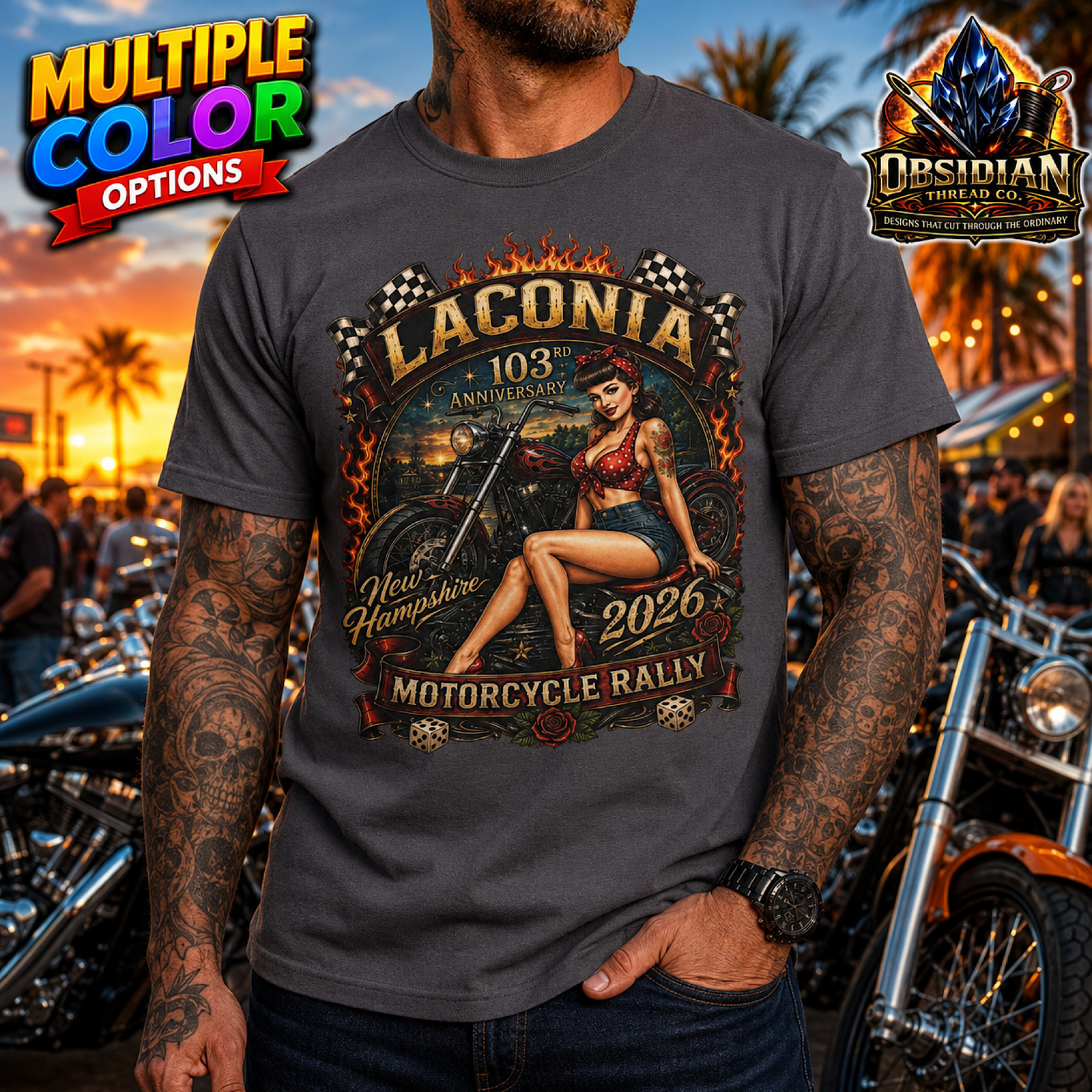 Laconia Bike Week 2026 NH Weirs Motorcycle Rally New Hampshire Pinup T-Shirt