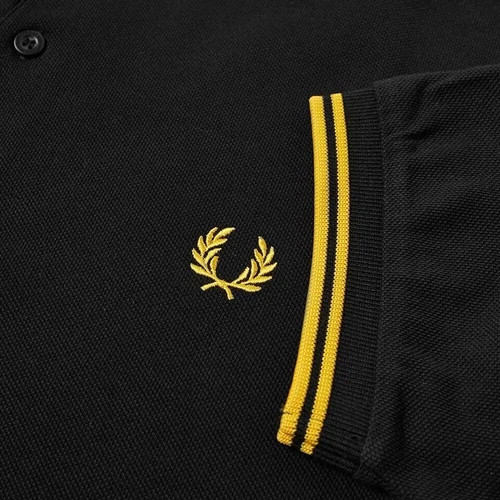 Fred Perry Polo Shirt Black Yellow S M L XL XXL M3600 Slim Fit Pique Twin tipped