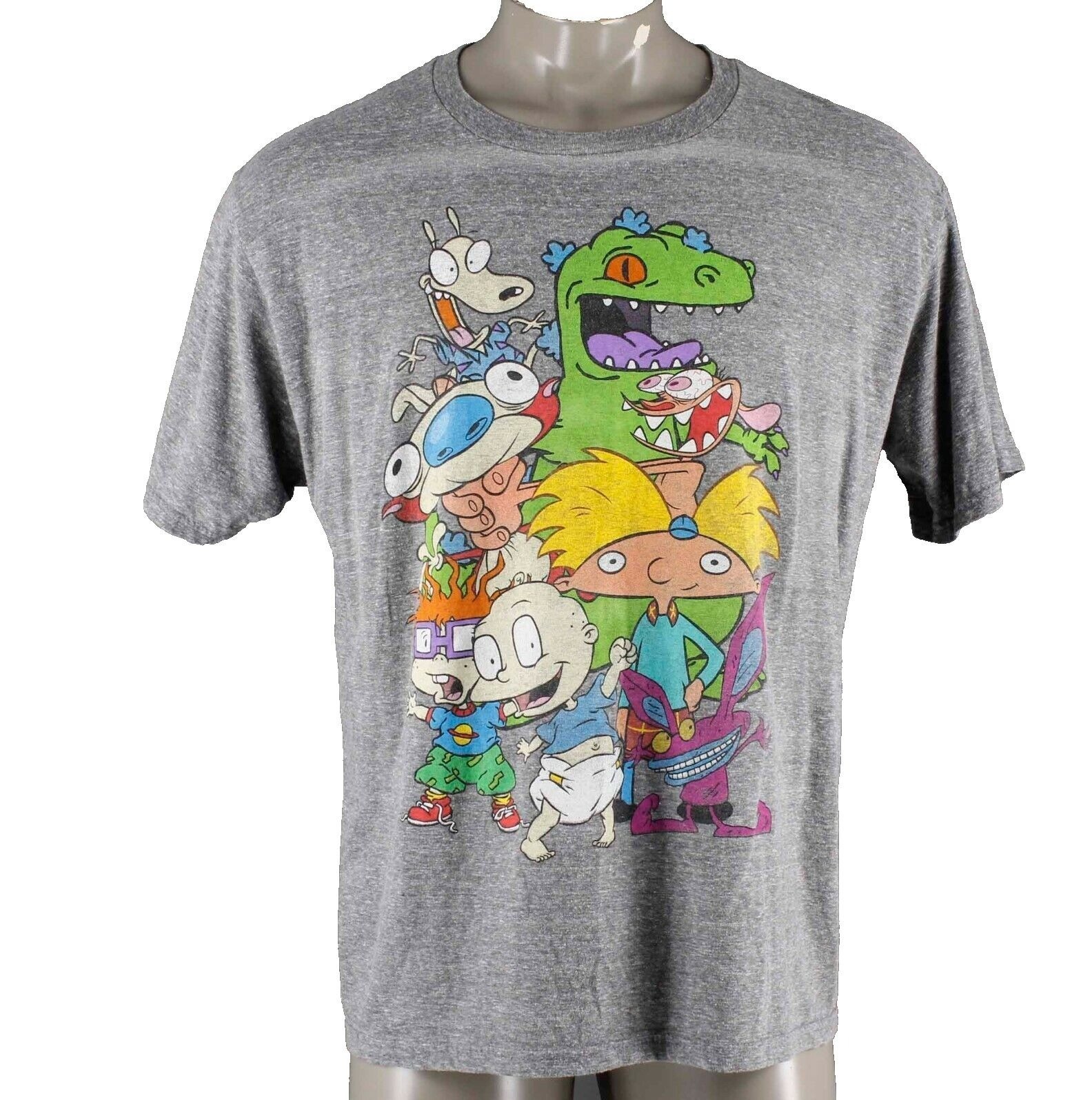 Nickelodeon Shirt Sz XL Gray Yellow Multi 1990’s Cartoon Characters Poly Blend T