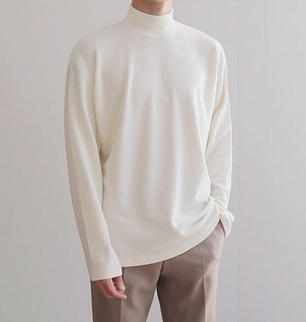 Men Bottoming Long Sleeved Tee T-Shirt Half Turtleneck Loose Crewneck Top
