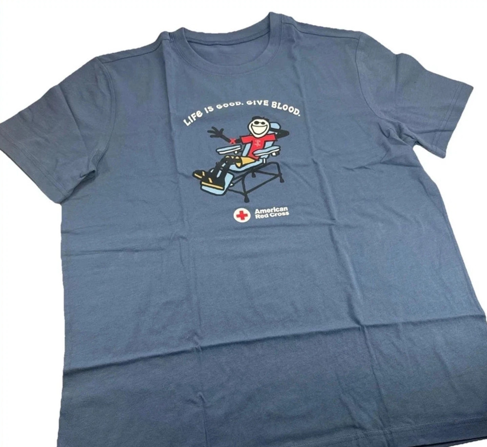 NEW 2026 Life Is Good American Red Cross Give Blood Graphic T-Shirt – Navy Color
