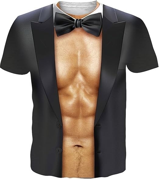 Funny 3D Tuxedo T Shirt Men Fake Six Pack Abs Muscle Suit Bow Tie Gag Gift Party