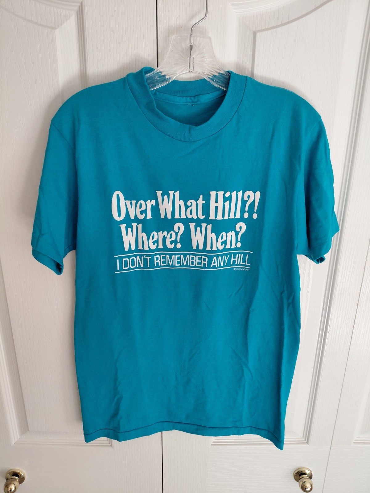 Vintage 1980s Over The Hill Blue Cotton T Shirt Single Stitch Small
