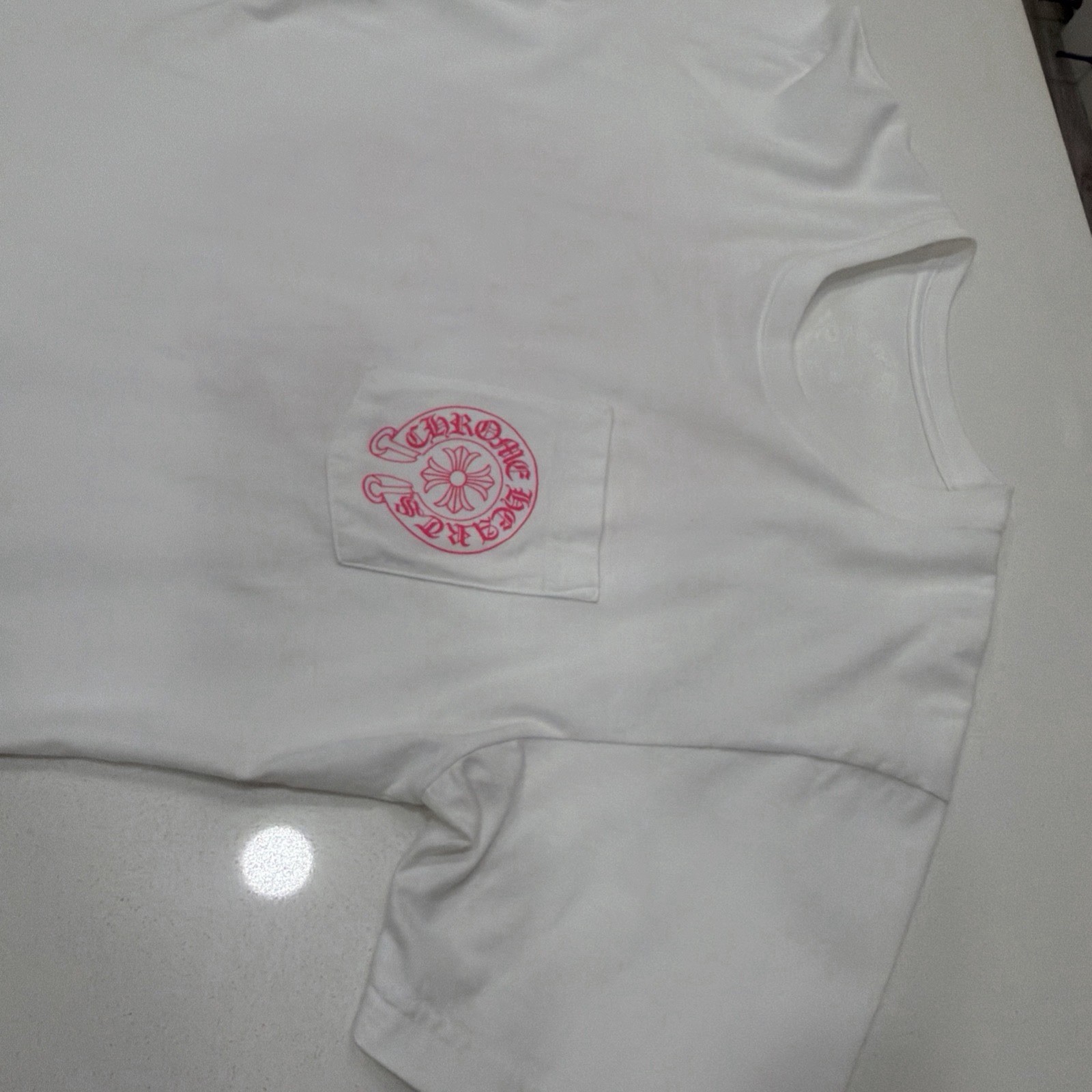 Chrome Hearts Horseshoe Plus Logo Pocket Short Sleeve Tee Shirt White Pink Large