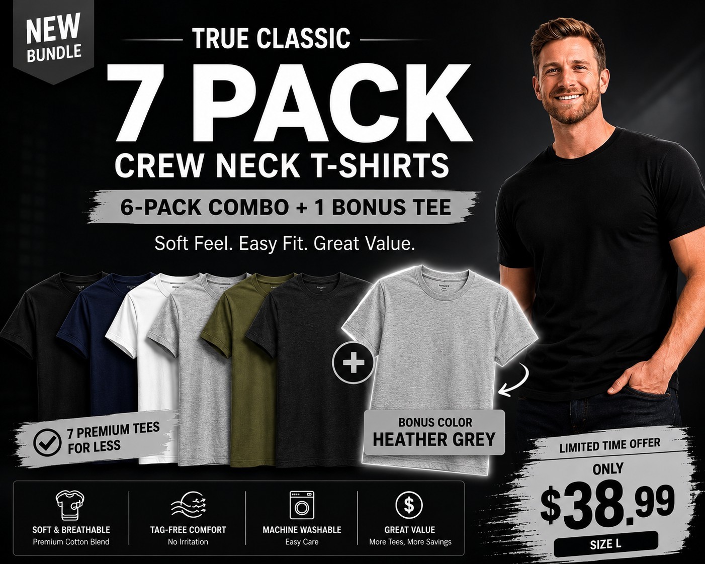 🔥 True Classic 7-Pack Crew Neck T-Shirts | Size L | + Bonus H.Grey Tee
