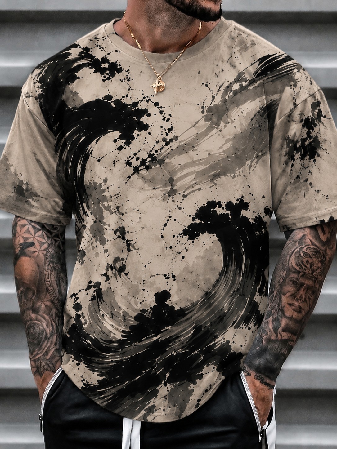 Abstract Ink Wave Print T Shirt, Artistic Graphic Unisex Casual Tee